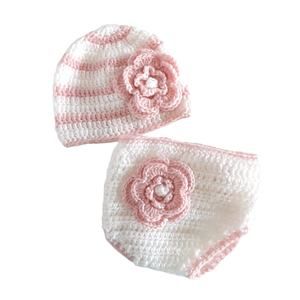 Vintage 90s Crochet Baby Girl Hat & Diaper Cover Set Pink Flower Gender Reveal
